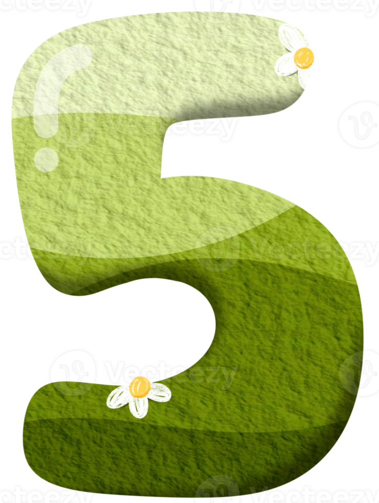 Green gradient of number 5 with flower clip art, number hand drawn png
