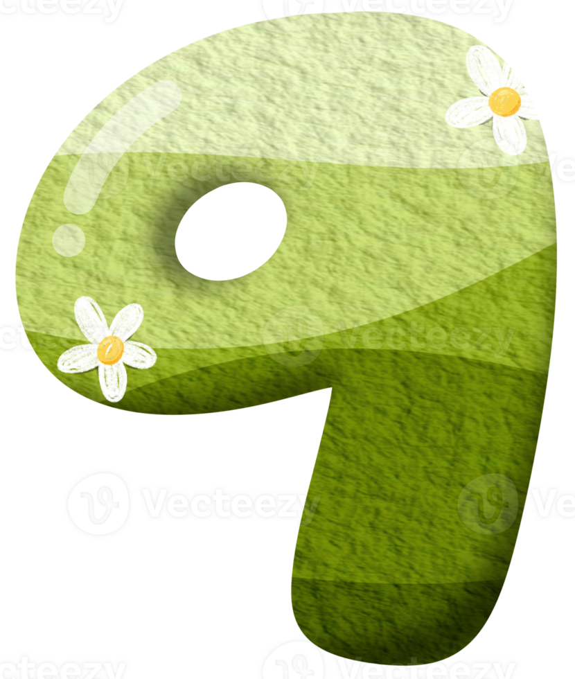 Green gradient of number 9 with flower clip art, number hand drawn png
