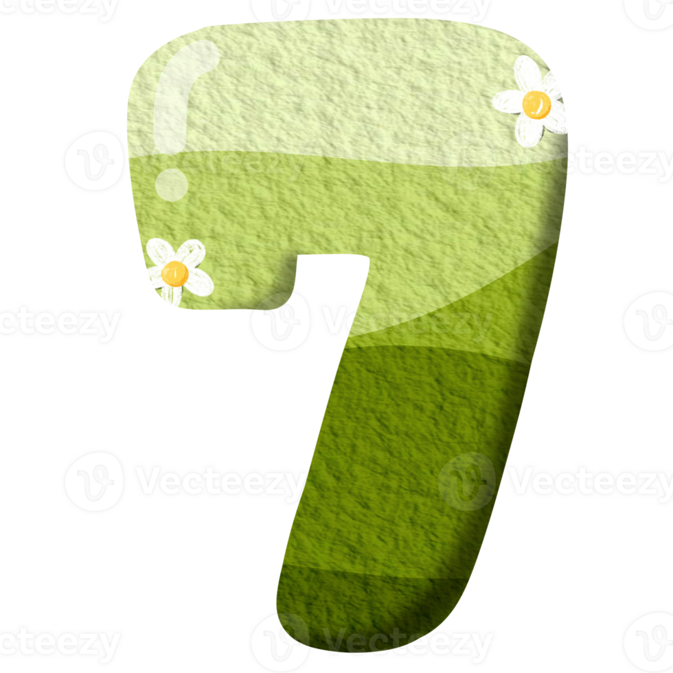 Green gradient of number 7 with flower clip art, number hand drawn png