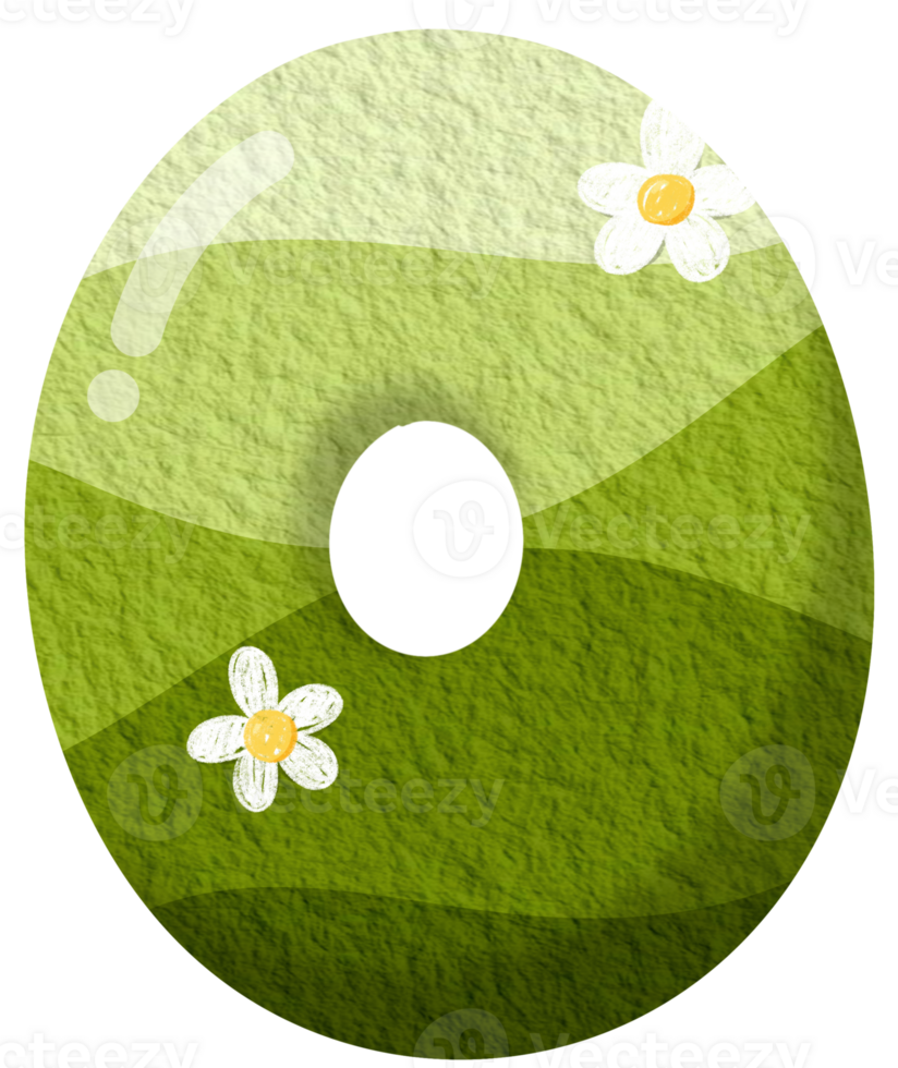 Green gradient of number 0 with flower clip art, number hand drawn png