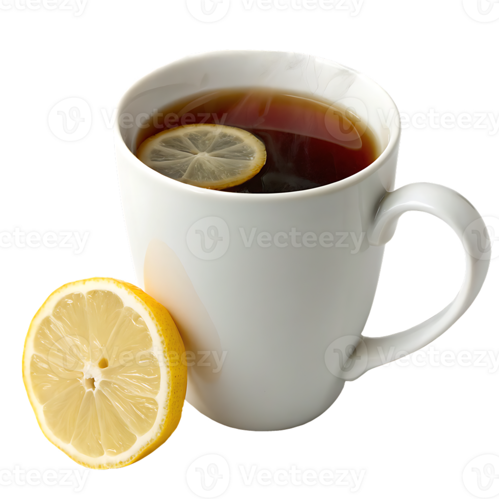 A white ceramic mug filled with dark brown tea and a slice of lemon. The mug is positioned slightly off-center to the right of the image. png