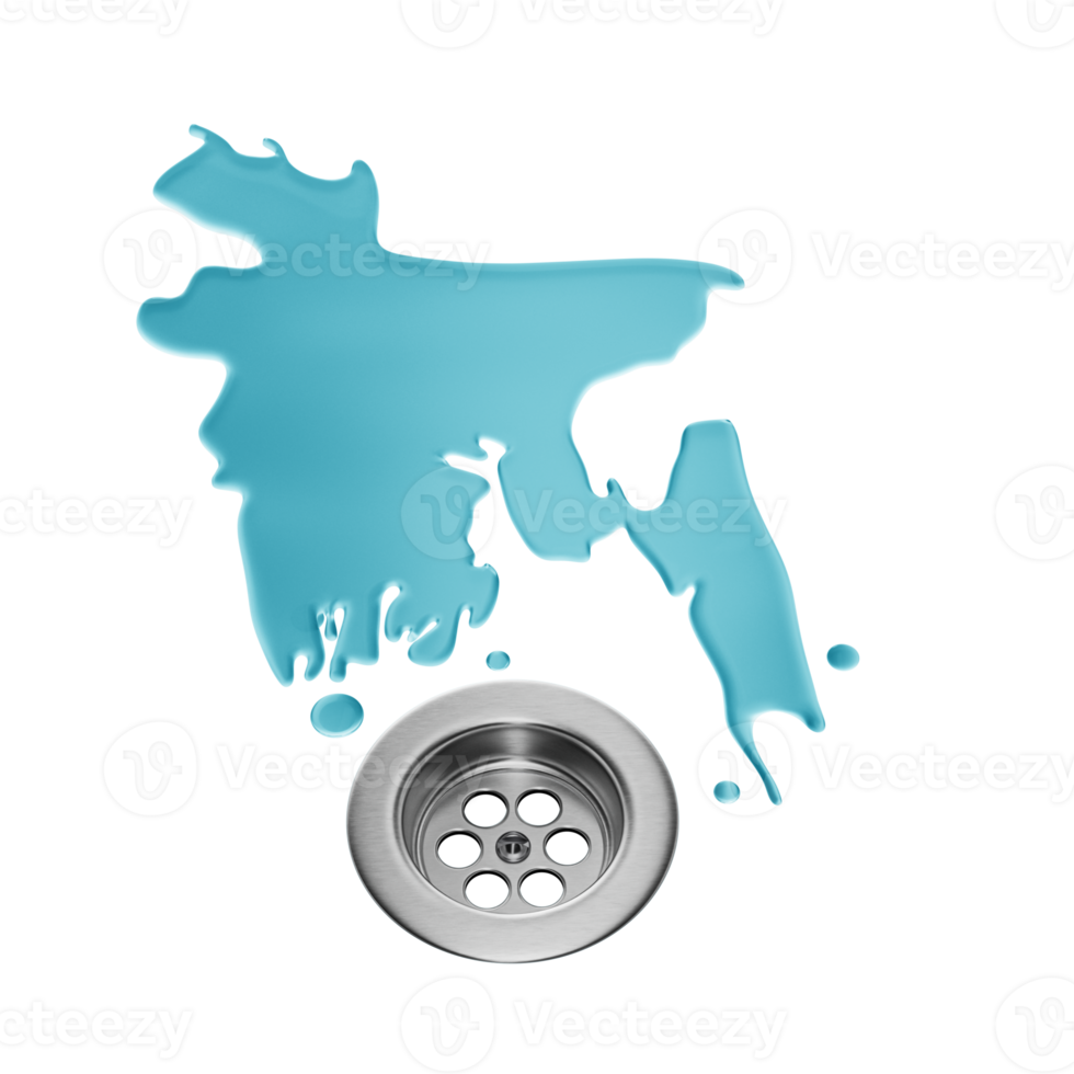 Water shaped of Bangladesh Map on a stainless steel surface draining into a drain. 3d illustration png