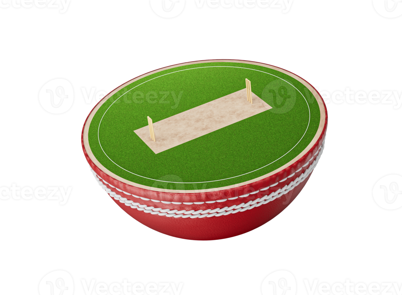 Red cricket ball with a miniature cricket field on top. 3D Illustration png