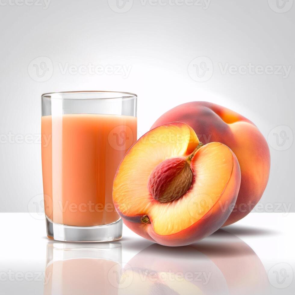 Peach whole and half, fresh ripe fruit close-up. Nectarine or peach juice in a glass isolated. Colorful food illustration, design element photo