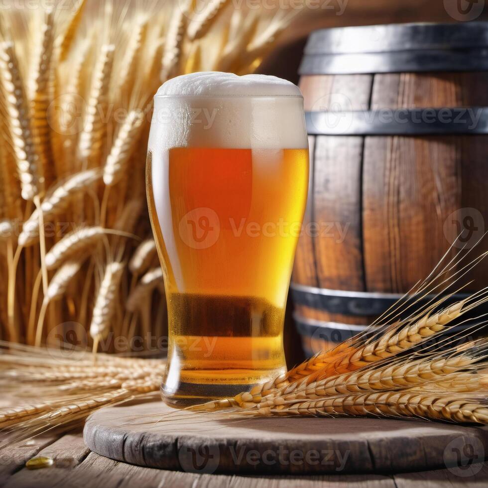 Glass of light beer with barley ears. Craft beer, ale. Close-up image of food and drinks. Element of packaging and advertising design photo