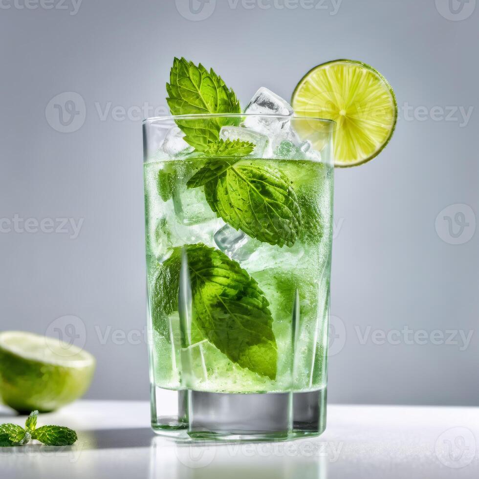 Mojito cocktail in a glass with fresh mint leaves, lime slices and ice cube. Trendy summer concept, refreshing cocktail with citrus. Design element photo