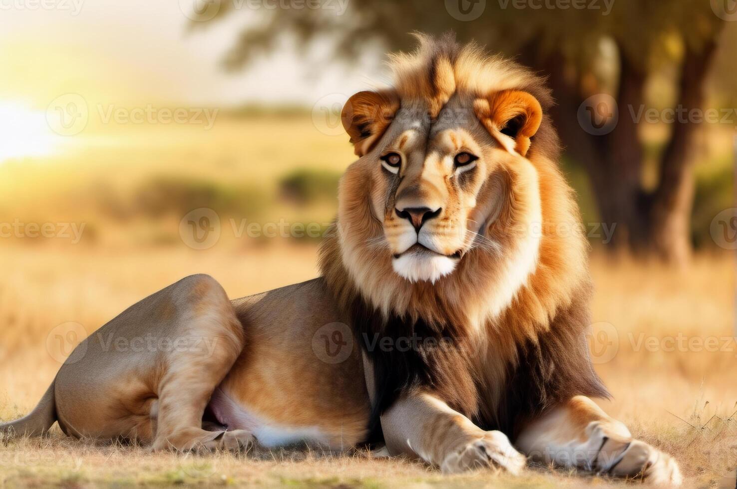 A magnificent male lion, the king of the wild jungles, lies on the grass. A majestic animal in the wild. The image shows his powerful jaw and piercing gaze photo