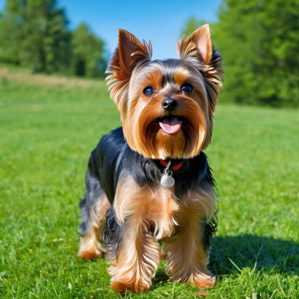 Cute Yorkshire terrier. Beautiful dog close-up. Portrait of smiling purebred dog on green grass in nature park. Pets image photo