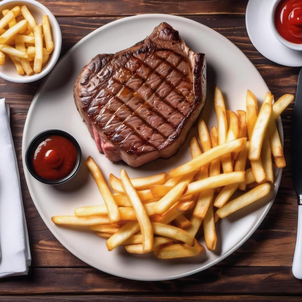 Grilled steak served with French fries and tomato sauce. Food close-up. Top view. Image for advertising design photo