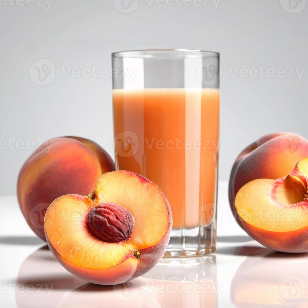 Peaches whole and half, fresh ripe fruits. Nectarine or peach juice in a glass close-up. Colorful food illustration, design element photo