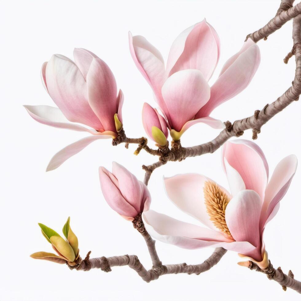Beautiful spring magnolia on a tree branch isolated on white background. Close-up flowers. Design element photo