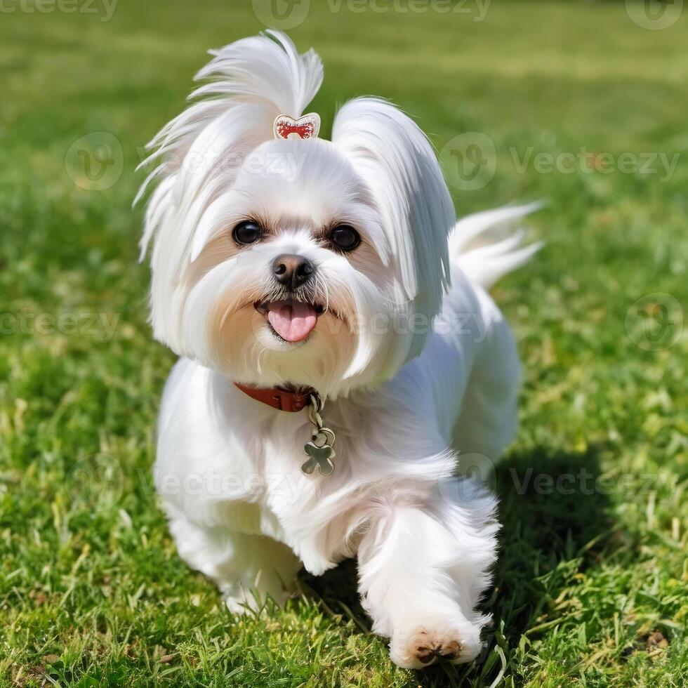 Happy white maltese puppy running on green grass. Beautiful dog close-up. Animal images for postcard and advertising design photo