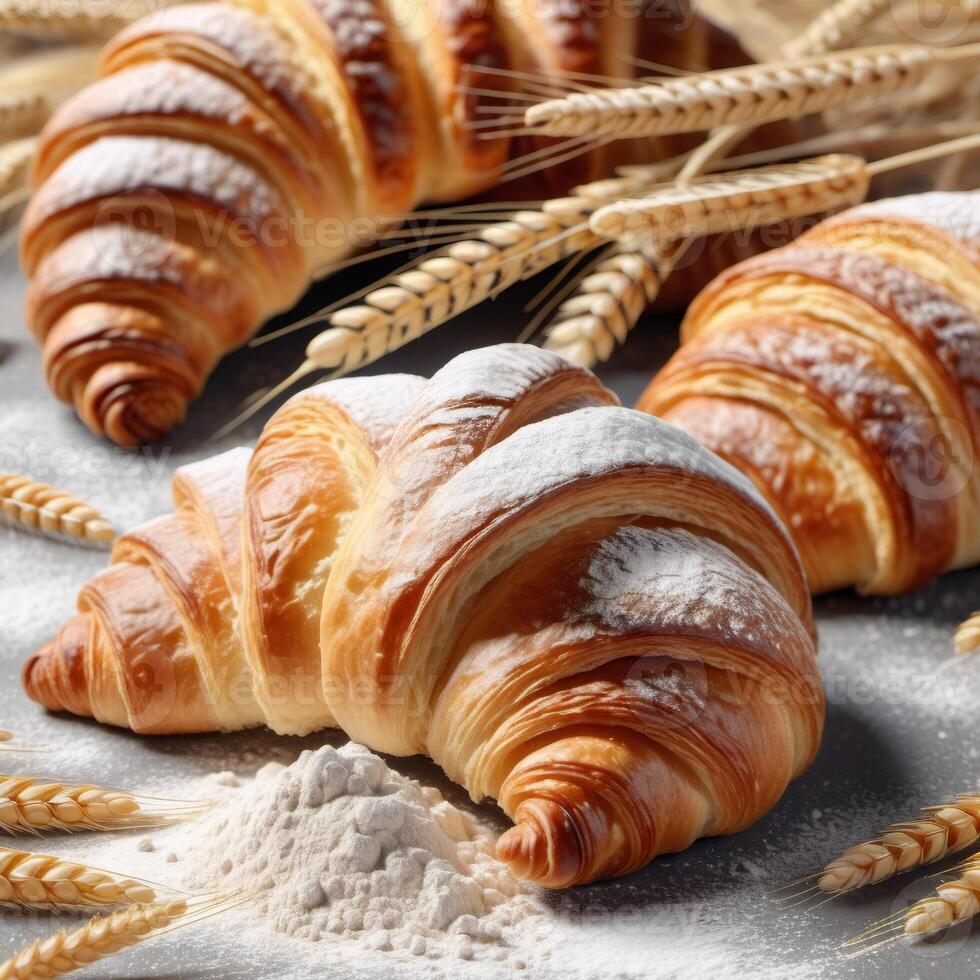 Freshly baked croissants in flour, bun, French pastry close-up. Wheat twig. Croissant with butter for breakfast. Food advertising design photo
