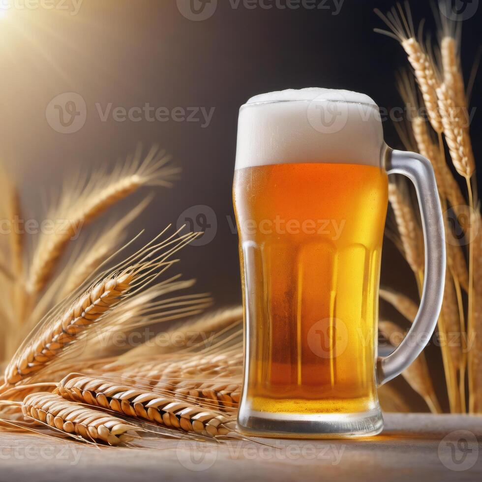Glass of light beer with barley ears on a dark background. Close-up image of food and drinks. Element of packaging and advertising design. photo