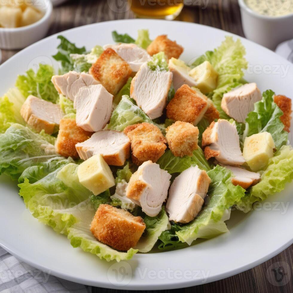 Freshly made Caesar salad in a bowl with chicken breast and croutons. Healthy eating. Food design for menu and advertising photo
