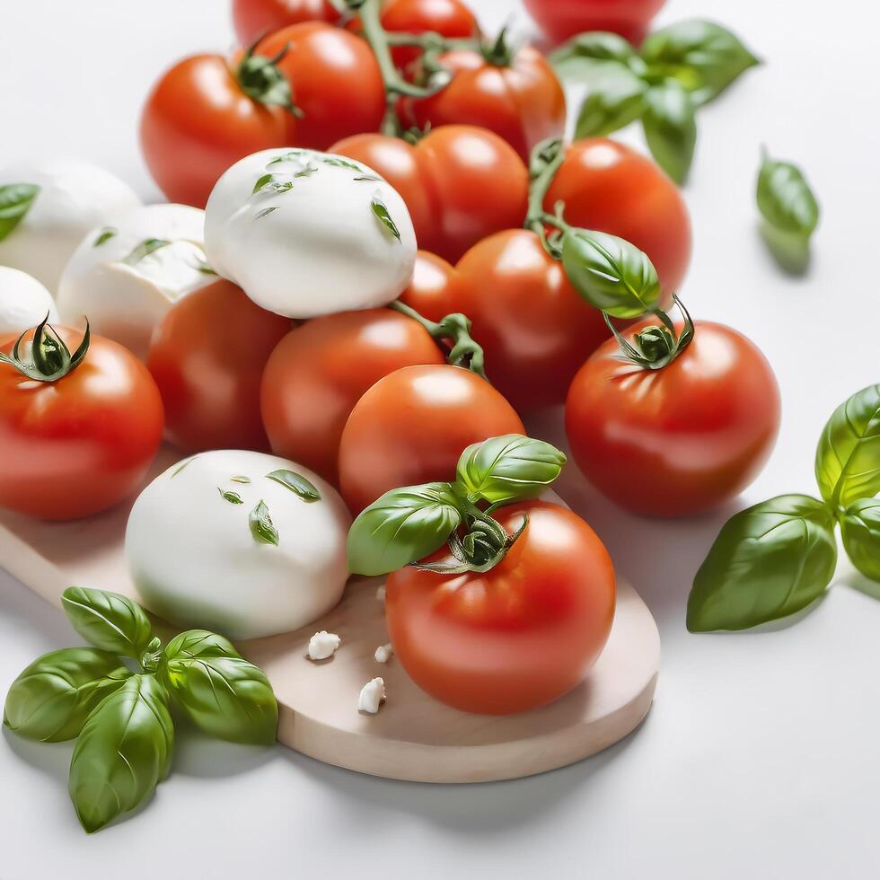 Ingredients for Caprese salad in a bowl, top view. Green tomatoes, mozzarella balls and basil. Food design for menu and advertising photo