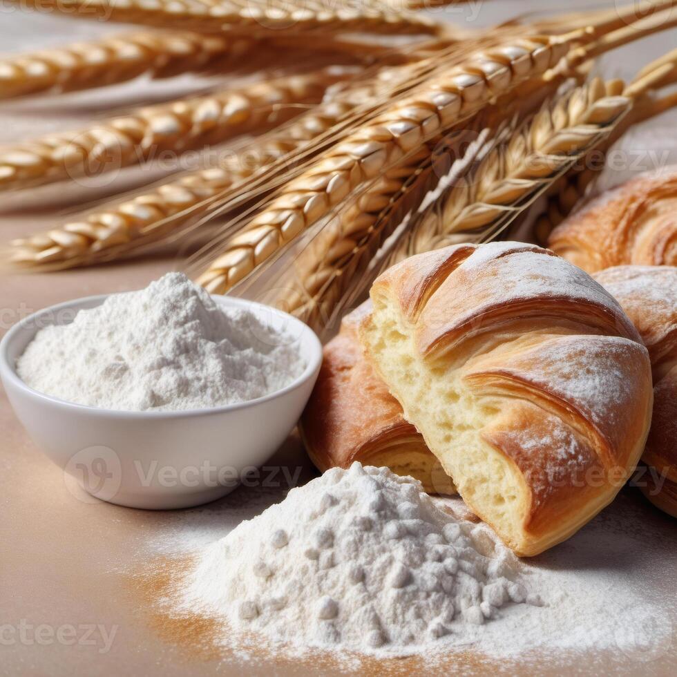 Freshly baked buns in flour, pastry close-up. Buttery croissant for breakfast. Wheat twig. Food advertising design photo