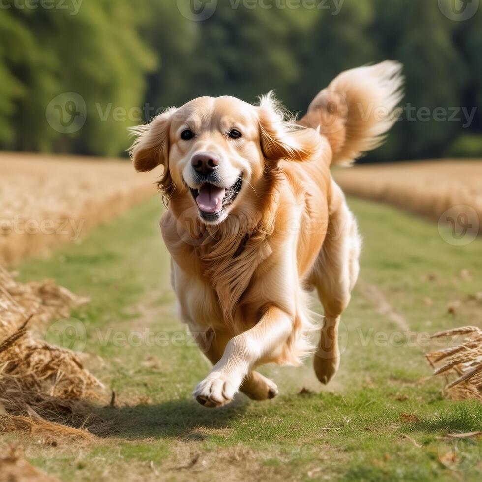 Beautiful golden retriever close-up. Dog running in the field. Pictures of purebred pets for advertising and postcard design photo