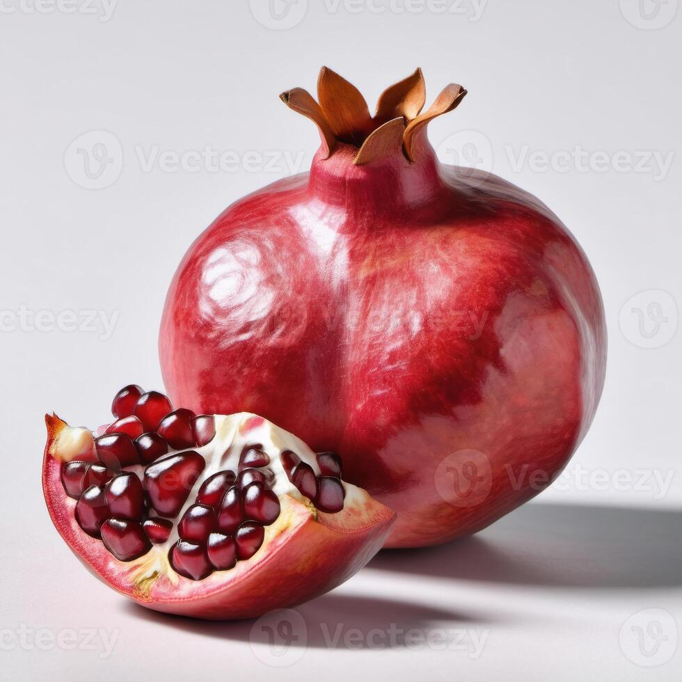 Fresh ripe pomegranate isolated on light background. Fruit close-up. Element of packaging and advertising design photo