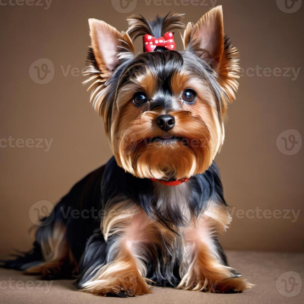 Cute Yorkshire Terrier. Beautiful dog close-up. Studio portrait of a purebred dog. Pet images for advertising and postcard design photo