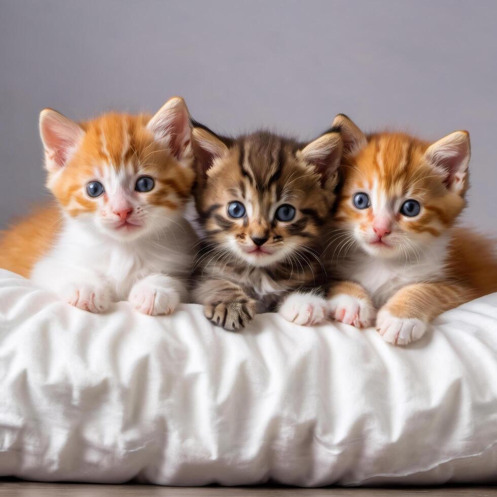 Three adorable kittens lie next to each other on a pillow, wide-eyed and curious. Cute close-up photo of pets