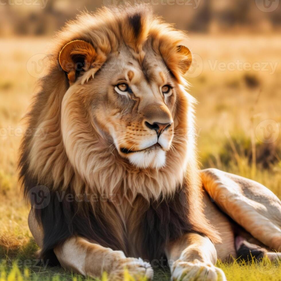 A magnificent male lion, the king of the wild jungles of Africa, lies on the grass. A majestic animal in the wild. The image shows his powerful jaw and piercing gaze photo