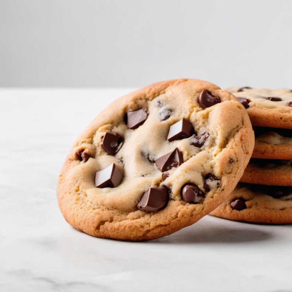 Appetizing tower of golden brown chocolate cookies, freshly baked, isolated on white background. Close-up food illustration. Package design element photo