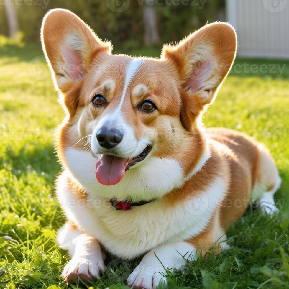 Cute happy corgi dog lying on the grass. Close-up portrait of a beautiful purebred dog. Animal image for postcard and advertising banner design photo