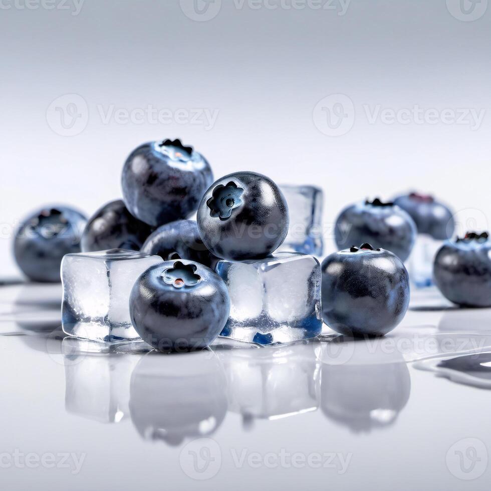 Ripe blueberries close-up. Front view. Natural fresh berries and ice cubes scattered on white background. Healthy eating, vitamins. Design element photo