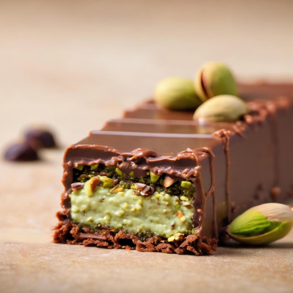 Dubai milk chocolate bar with natural green pistachio butter. Close-up. Popular food photo