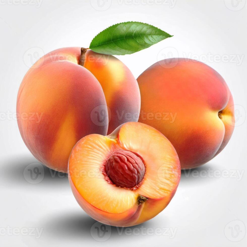 Peaches whole and half, nectarine, ripe juicy fruits close-up. Colorful food illustration, design element photo