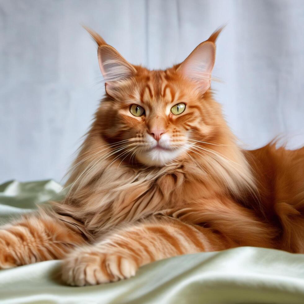 Ginger fluffy Maine cat lying on silk pillow. Beautiful close-up image of beloved pet photo