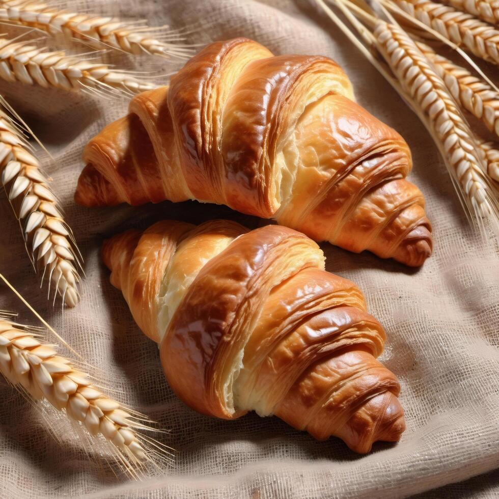Freshly baked croissant, French pastry close up. Wheat sprig. Buttery croissant, breakfast. Food illustrations for advertising design photo