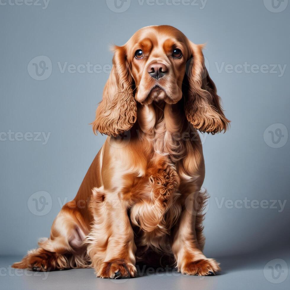 English Golden Cocker Spaniel. Beautiful dog close-up. Studio portrait of a purebred dog on a gray background. Images of pets for advertising and postcard design photo