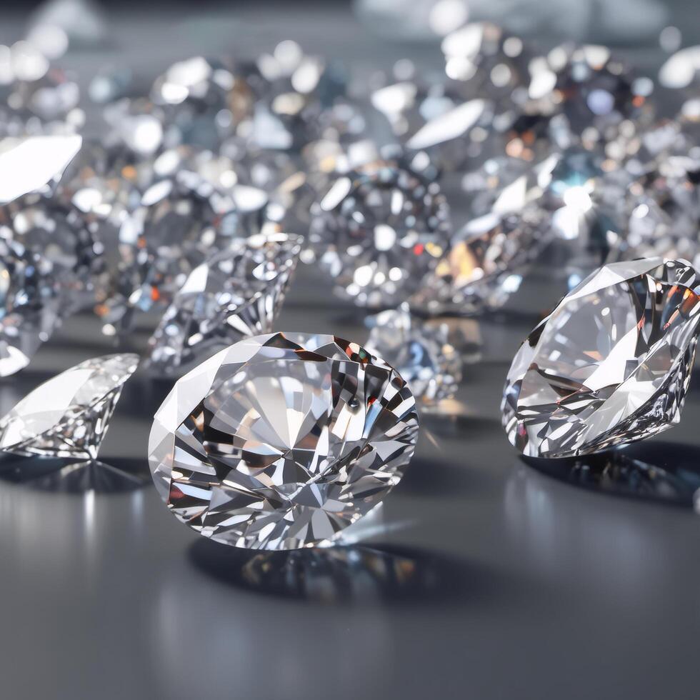 Lab grown diamonds scattered on glossy surface. Precious stones close up. Image for jewelry business photo