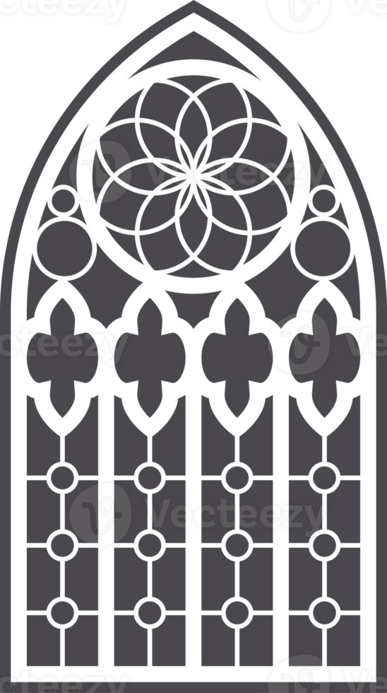 Gothic church window with arched frame and stained glass. Medieval silhouette of vintage cathedral architecture decorations and geometric ornaments. Christian chapel interior with outlines engravings, png