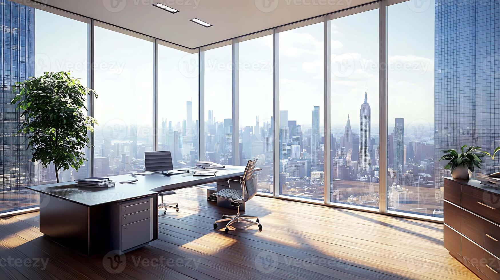 Stylish Office with Glass Windows A Sleek and Spacious Work Environment photo