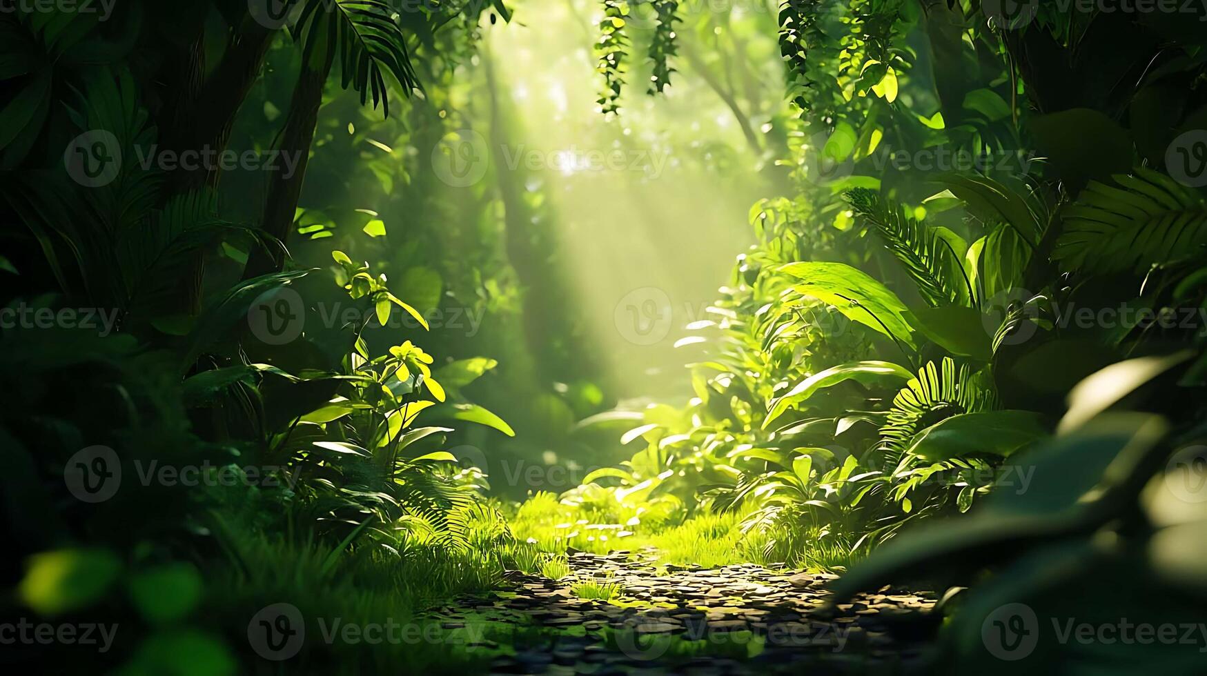 Sunlight Lush Jungle Background A Peaceful Tropical Forest with Sun Rays photo