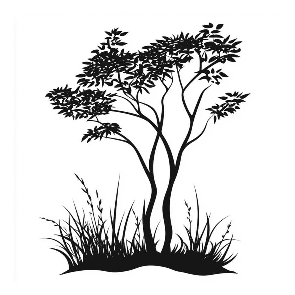 Silhouette of a Lone Tree with Grass Nature Art Illustration png