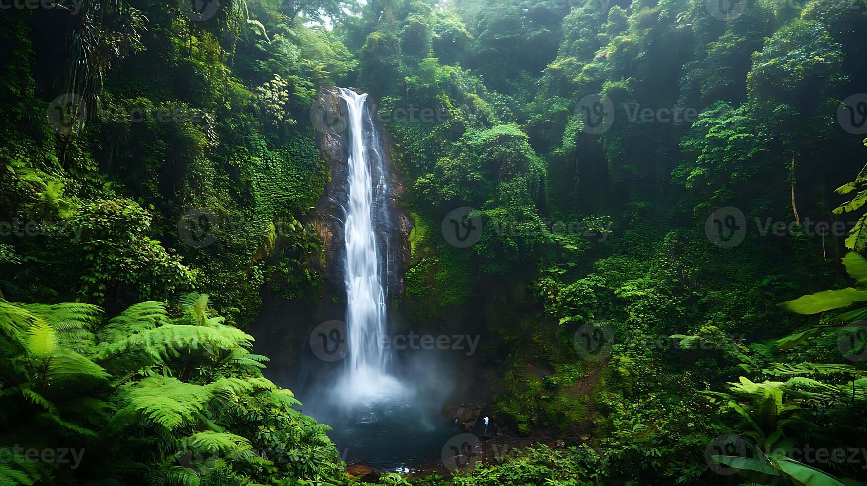 Waterfall in a Hidden Jungle Surrounded by Lush Greenery A Tranquil Nature Scene photo