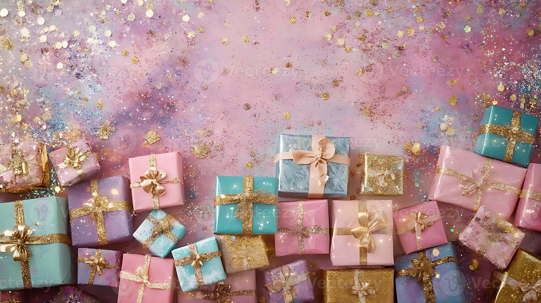 Sparkling Glitter Background with Colorful Gift Boxes A Vibrant and Cheerful Scene photo