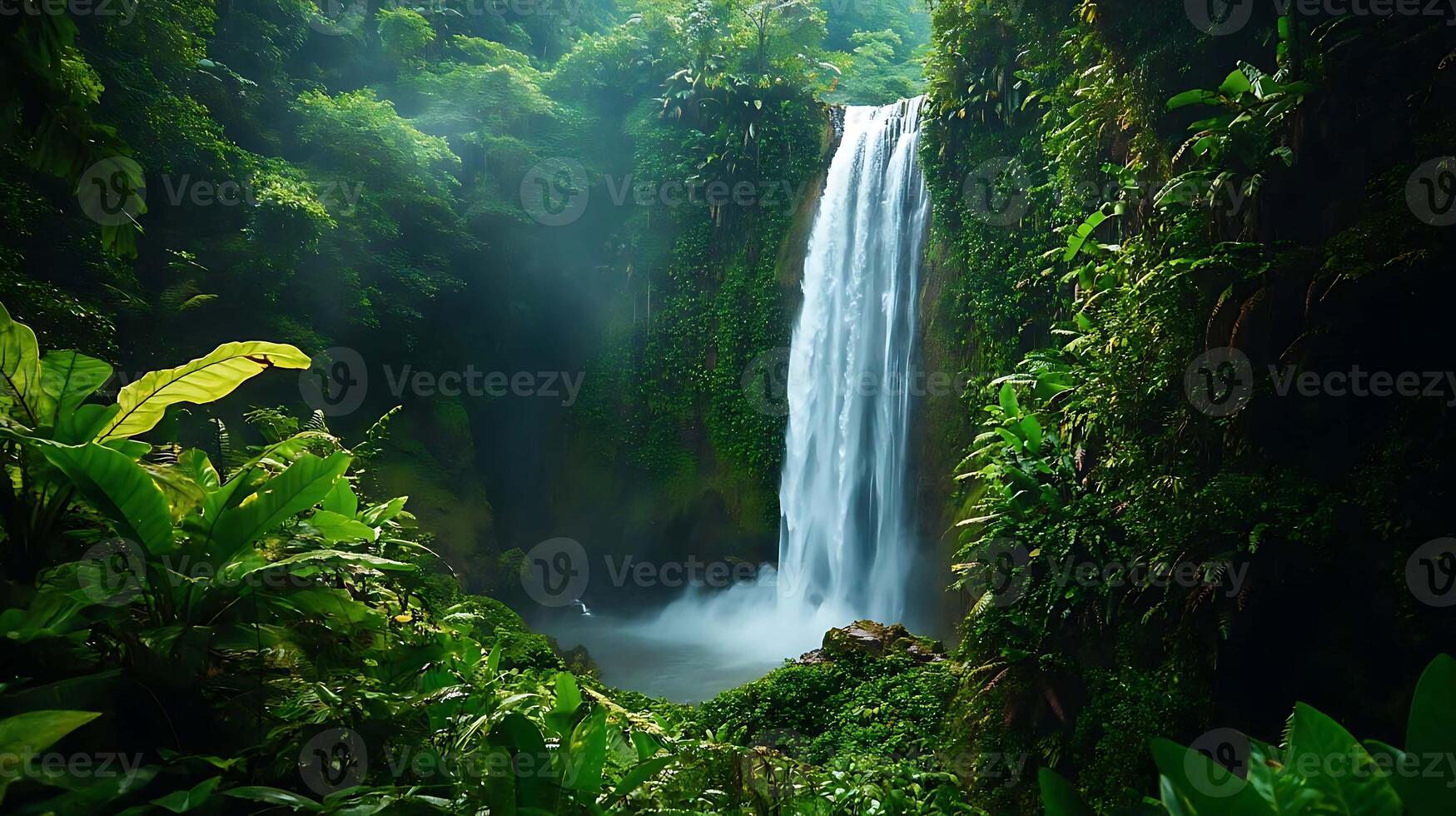 Hidden Waterfall Surrounded by Lush Jungle Greenery A Serene and Secret Paradise photo