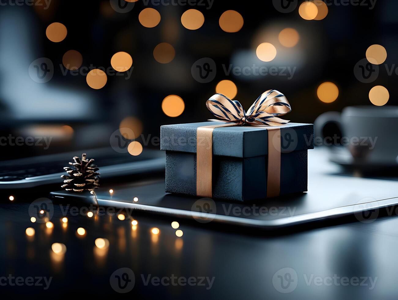 Elegant gift box with golden ribbon in a festive ambient setting with warm fairy lights photo