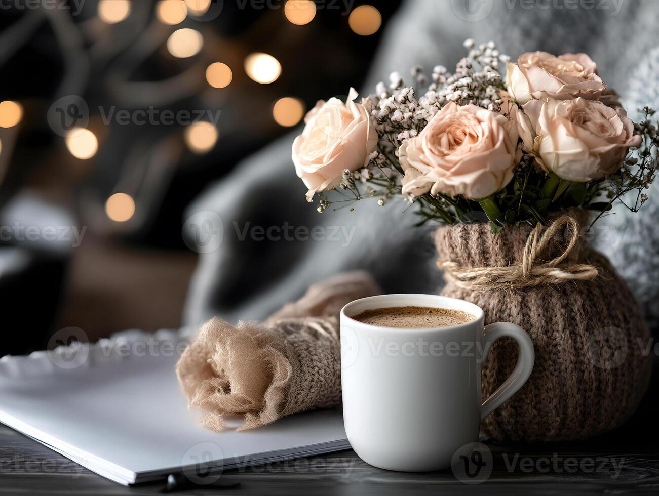 Cozy coffee scene with soft roses in a knitted vase and warm ambient lights photo