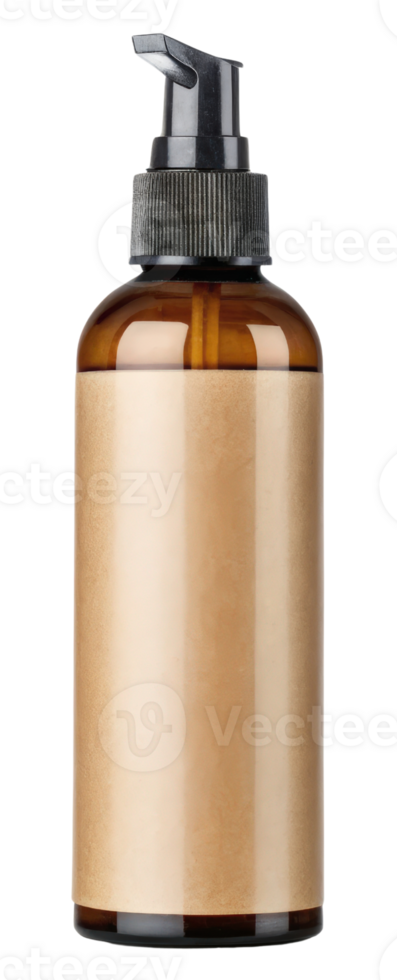 Amber pump bottle ready for labeling and product use on a transparent background png