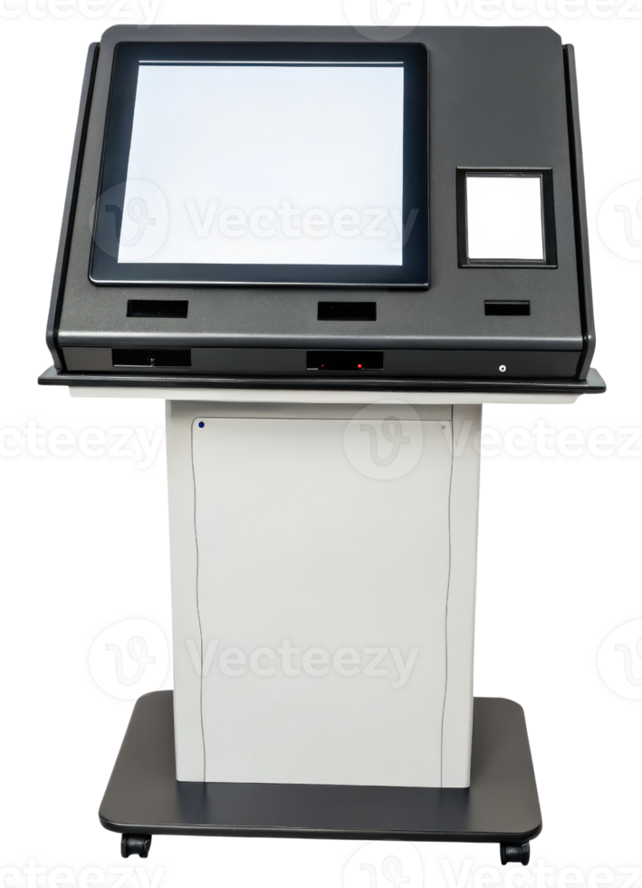 Interactive kiosk featuring a large touchscreen display on a transparent background png