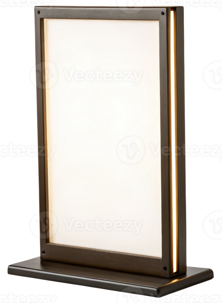 Illuminated menu display on a wooden base on a transparent background png