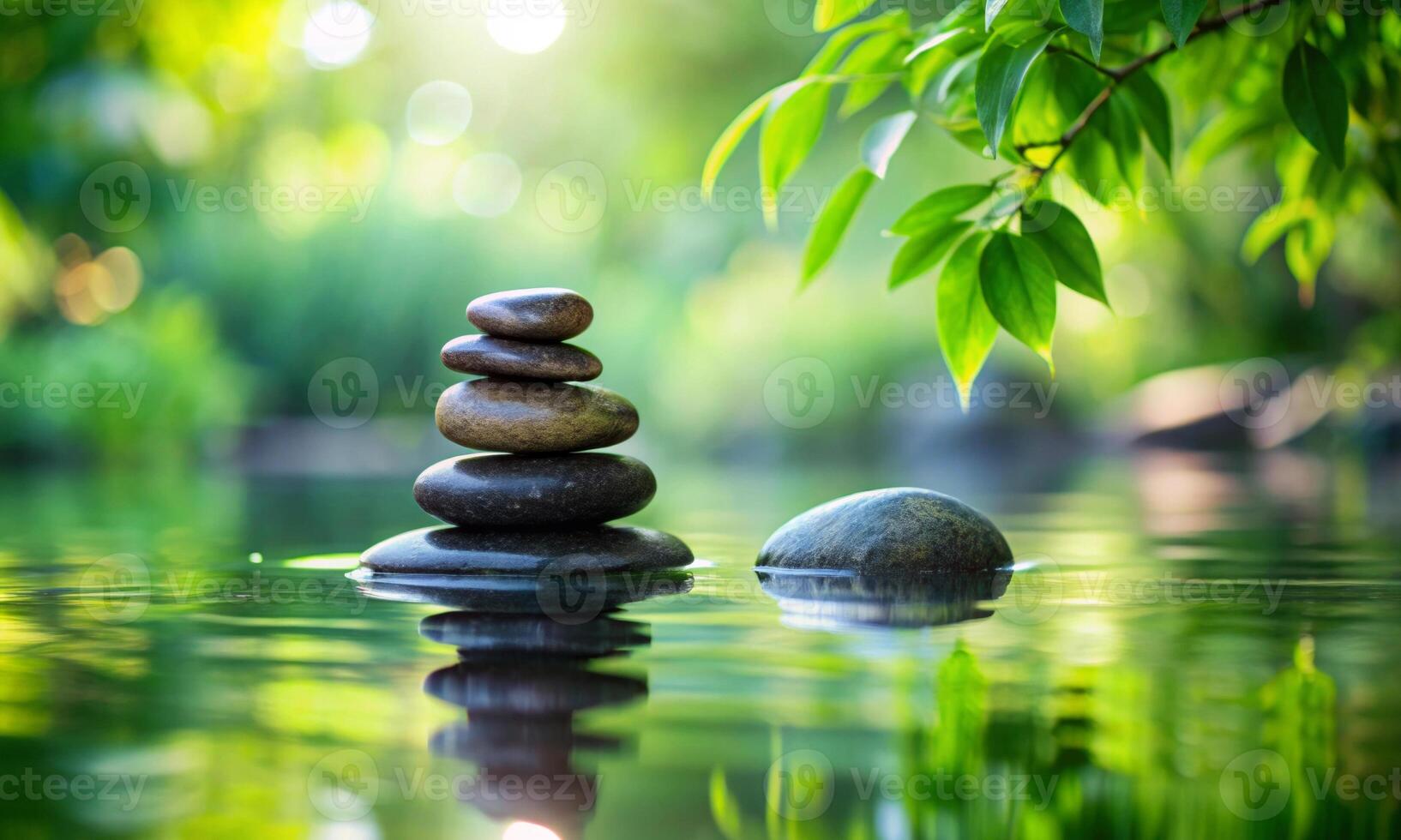 Smooth stones in cool water, harmony of nature in the mirror of the river photo