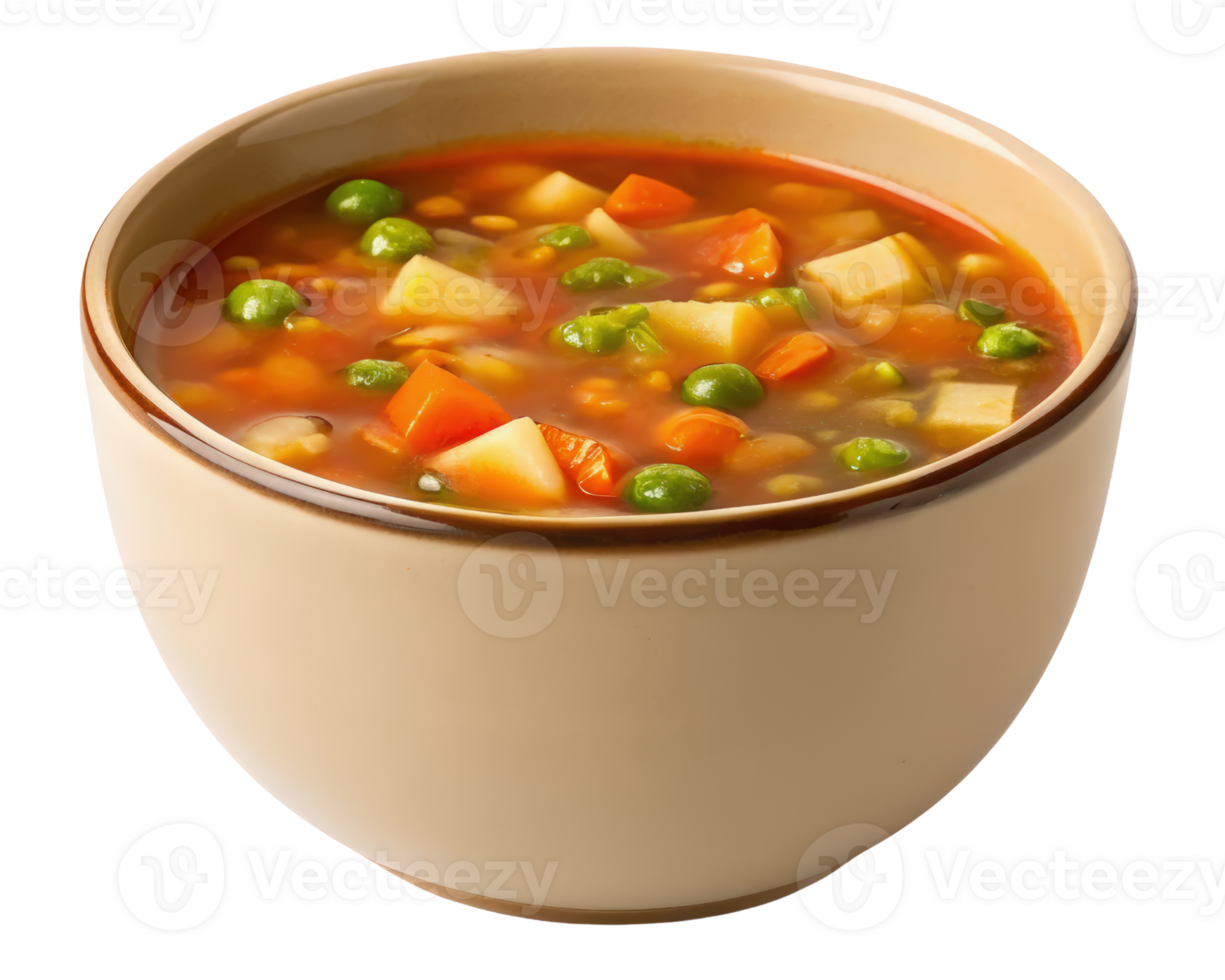 Warm vegetable soup served in a rustic ceramic bowl on a transparent background png