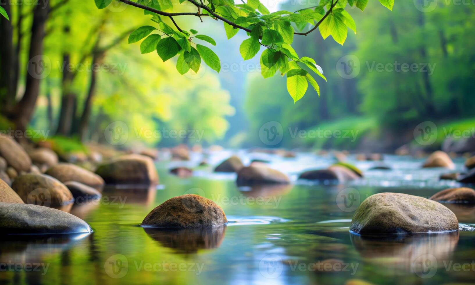 A calm stream among smooth stones, the serenity of nature photo